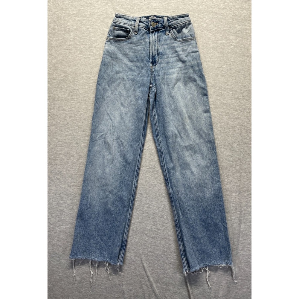 Hollister Ultra High-Rise Dad Jeans Womens 000S Blue Denim Raw Hem Straight Leg